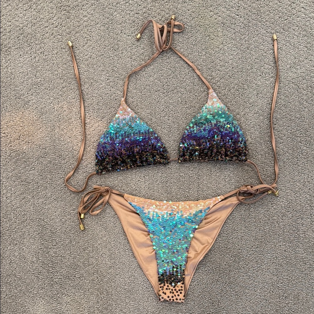 Beach Bunny Blue and Green Bikini Set with Triangle Top